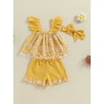 thumbnail image 3 of Bagilaanoe 3pcs Toddler Baby Girl Shorts Set Fly Sleeve Floral Print A-Line Tops + Shorts + Headband 6M 12M 18M 24M 3T 4T Kids Casual Summer Clothes, 3 of 7
