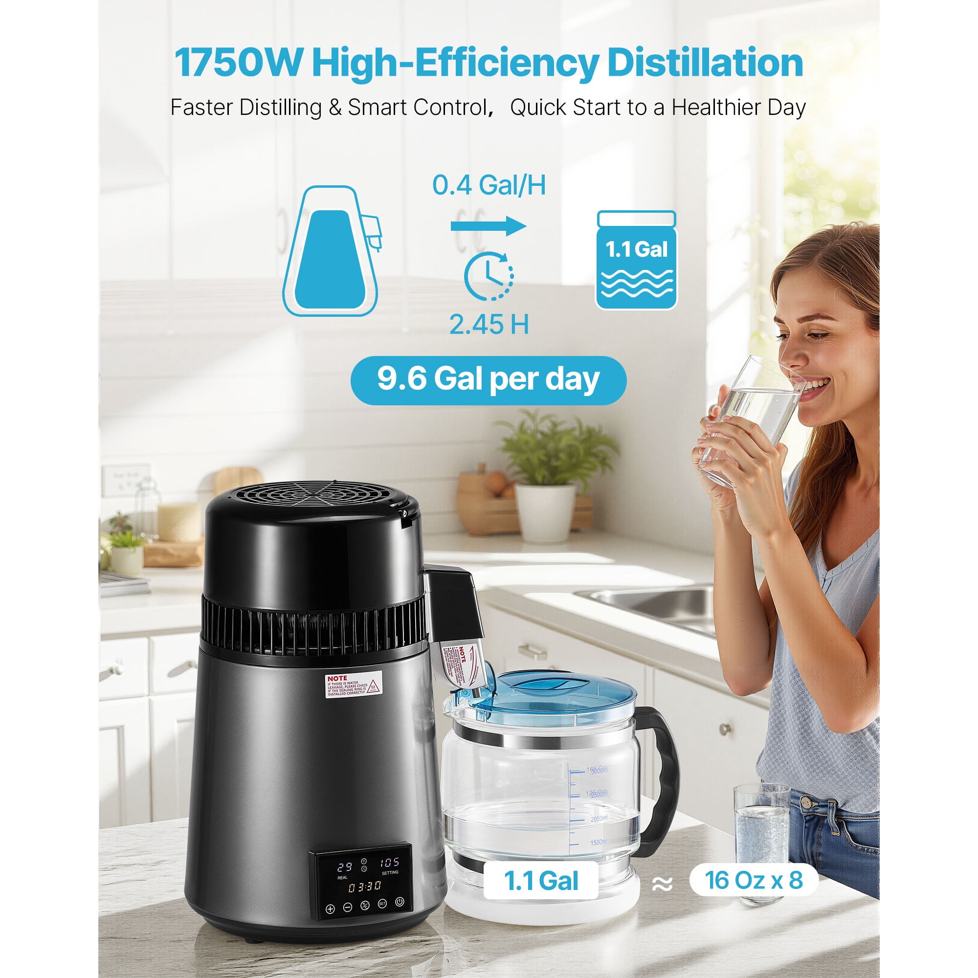KFFKFF 4L 1.1 Gallon Water Distiller, Countertop Pure Water Purifier with Glass Container, 1750W Stainless Steel Interior for Home Use, Grey