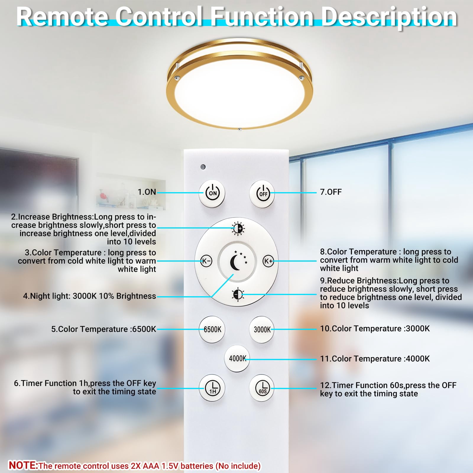 HOVMAP 13 Inch Gold Ceiling Light with Remote, Dimmable 24W 2160LM 5CCT Selectable 3000K-6500K, Bright LED Flush Mount Lighting Fixture with Timer for Bedroom Kitchen Closet, Gold