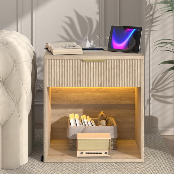 EROMMY Fluted Nightstand with Charging Station, 23” Wide Modern Bedside Table with Drawer, Mid Century Nightstand End Table for Bedroom, Natural Oak