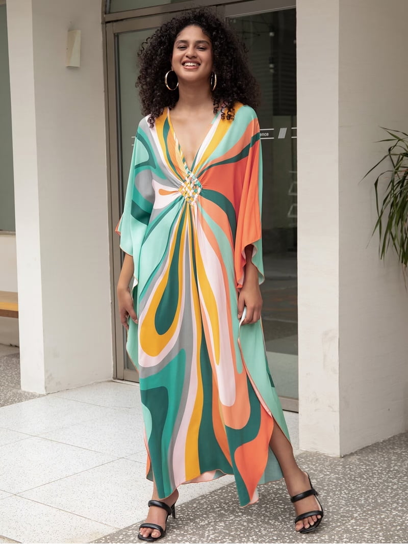 RADANYA Floral Long Kaftan Maxi Dress - Summer Beach Cover-Up, Lightweight Polyester, Free Size