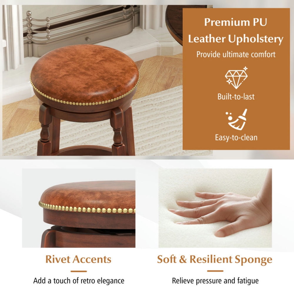 Demi Bonn 24" Set of 2 Swivel Bar Stool with Upholstered Seat and Rubber Wood Frame, Modern Kitchen Dining Chair, Brown