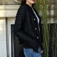 thumbnail image 5 of Karymi Solid Tweed‑Fringe Cropped Jackets for Women, V‑Neck Gold‑Button Long‑Sleeve Elegant Open‑Front Outerwear, 5 of 5