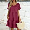 thumbnail image 2 of Knosfe Women's Summer T Shirts Dress 2025 Round Neck Short Sleeve Tiered Beach Vacation Mini Cake Sundress with Pockets Wine S, 2 of 5