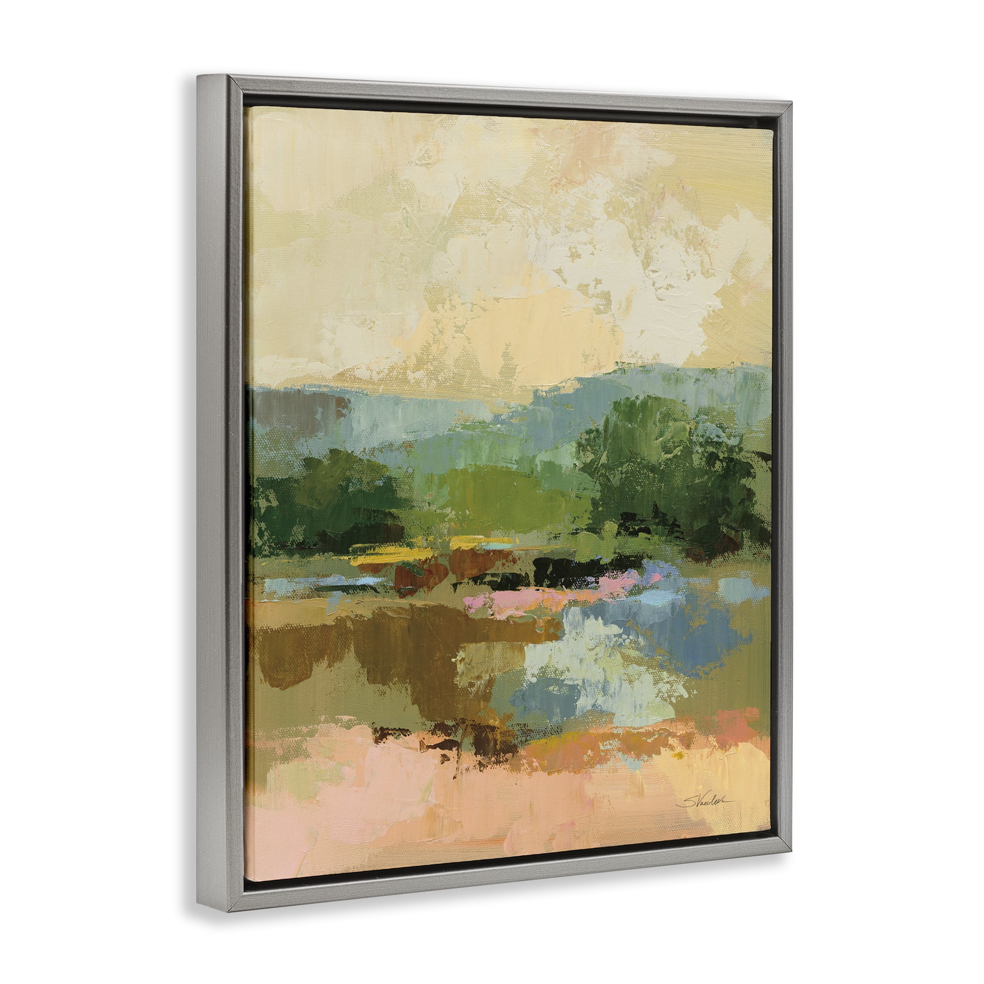 Stupell Industries Across The River View Landscape Painting Gray Floater Framed Art Print Wall Art, 25 x 31