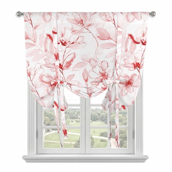 Pink Flower Tie Up Curtains 45 Inches Long, Kitchen Window Curtains Over Sink, Watercolor Floral Botanical Line Drawing Print Small Window Curtains Shade Balloon Curtains Valances for Bedroom 34"x45"