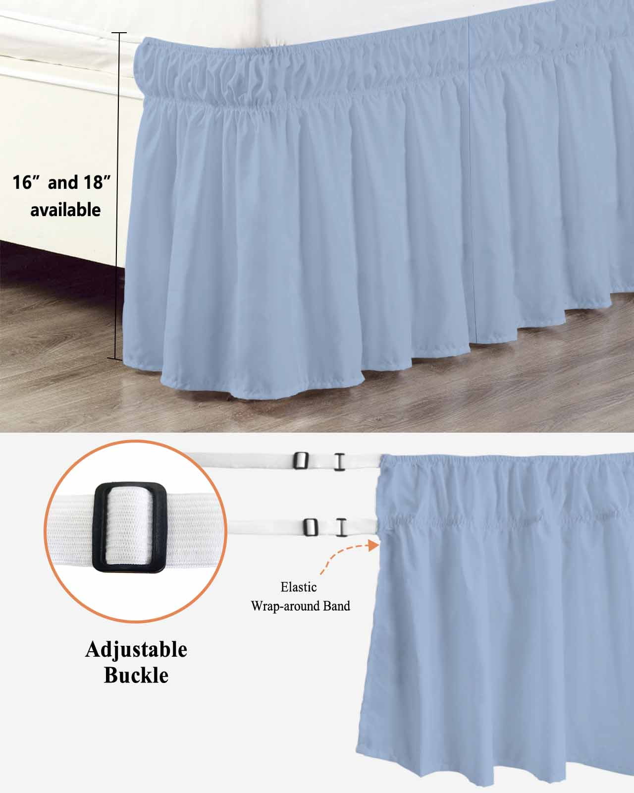 Light Blue Bed Skirt Solid Color Bed Skirts King Size 18 Inch Drop, Wrap Around Dust Ruffle&nbsp;Bedskirt with Adjustable Elastic Belt for Queen Size Beds