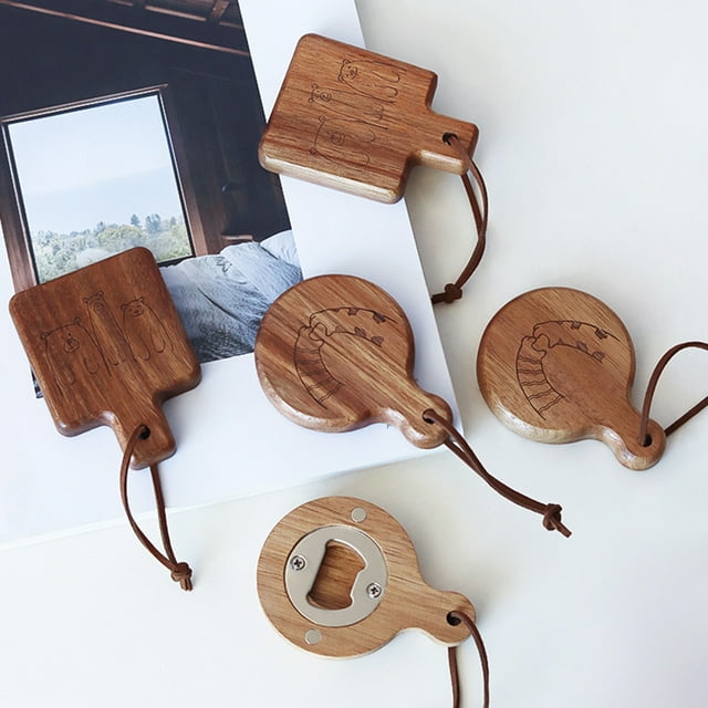 Bottle Opener Magnetic Cartoon Pattern Manual Wooden Hanging Hole Refrigerator Paste Beer Opener Kitchen Gadgets
