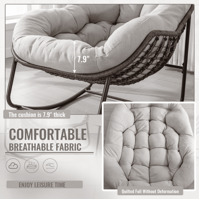 Outdoor Rocking Chair, Wicker Egg Rocking Chair Rattan Papasan Rocker with Thick Cushion