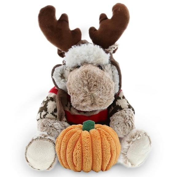 DolliBu Super Soft Plush Moose Plush with Clothes Stuffed Animal with Pumpkin Decor - Pumpkin Plush Animal for Fall, Halloween and Thanksgiving, Pumpkin Toy for Baby, Kids, Adults - 9 Inches