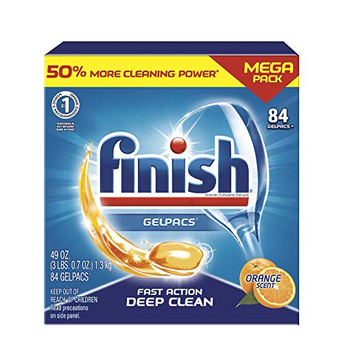 Finish Tout-en-un Gelpacs Orange, Tablettes de Détergent pour Lave-Vaisselle 84 Unités (l'Emballage Peut Varier)