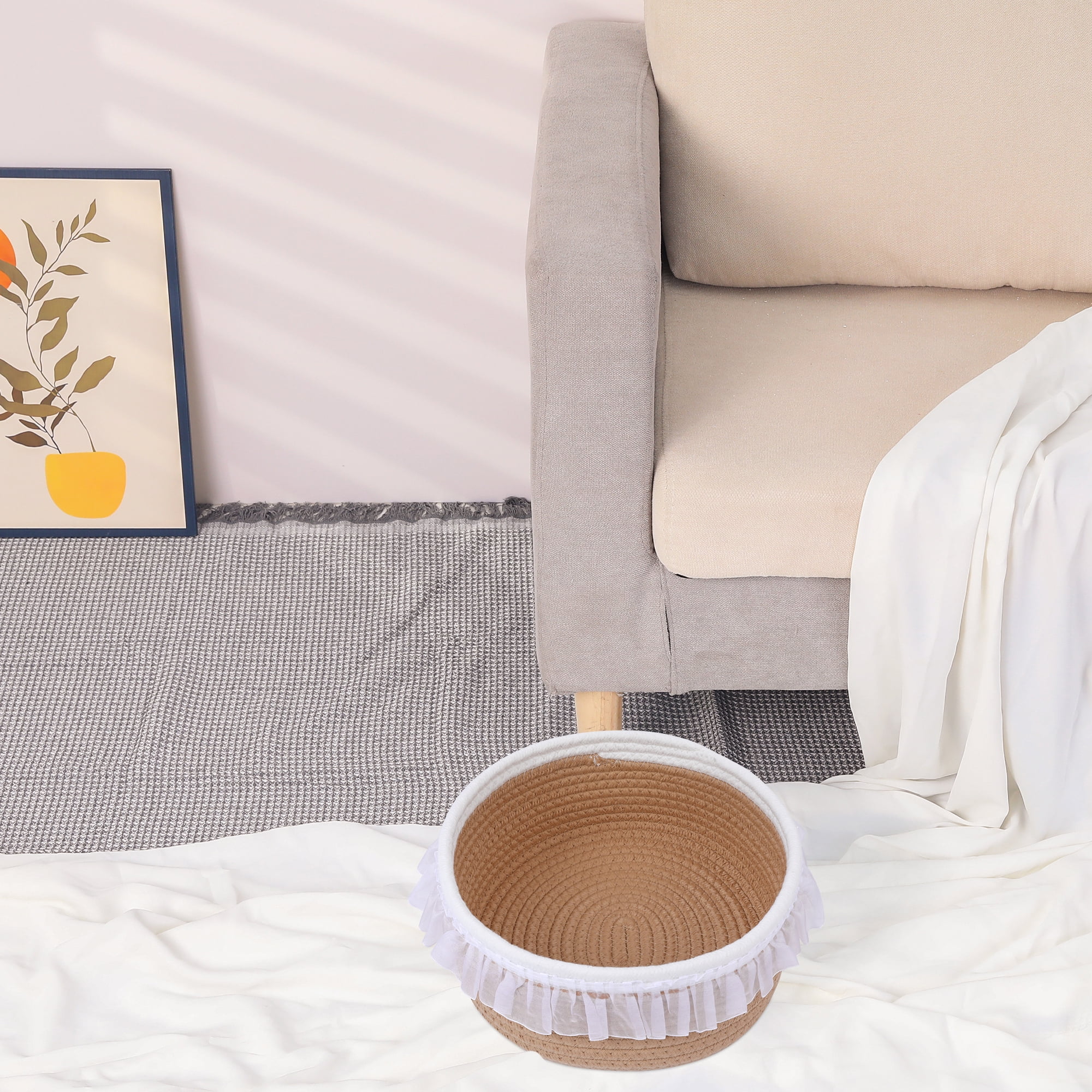 Unique Bargains Woven Storage Basket for Entryway Desk Khaki/White 10.8*10.2*4.3in