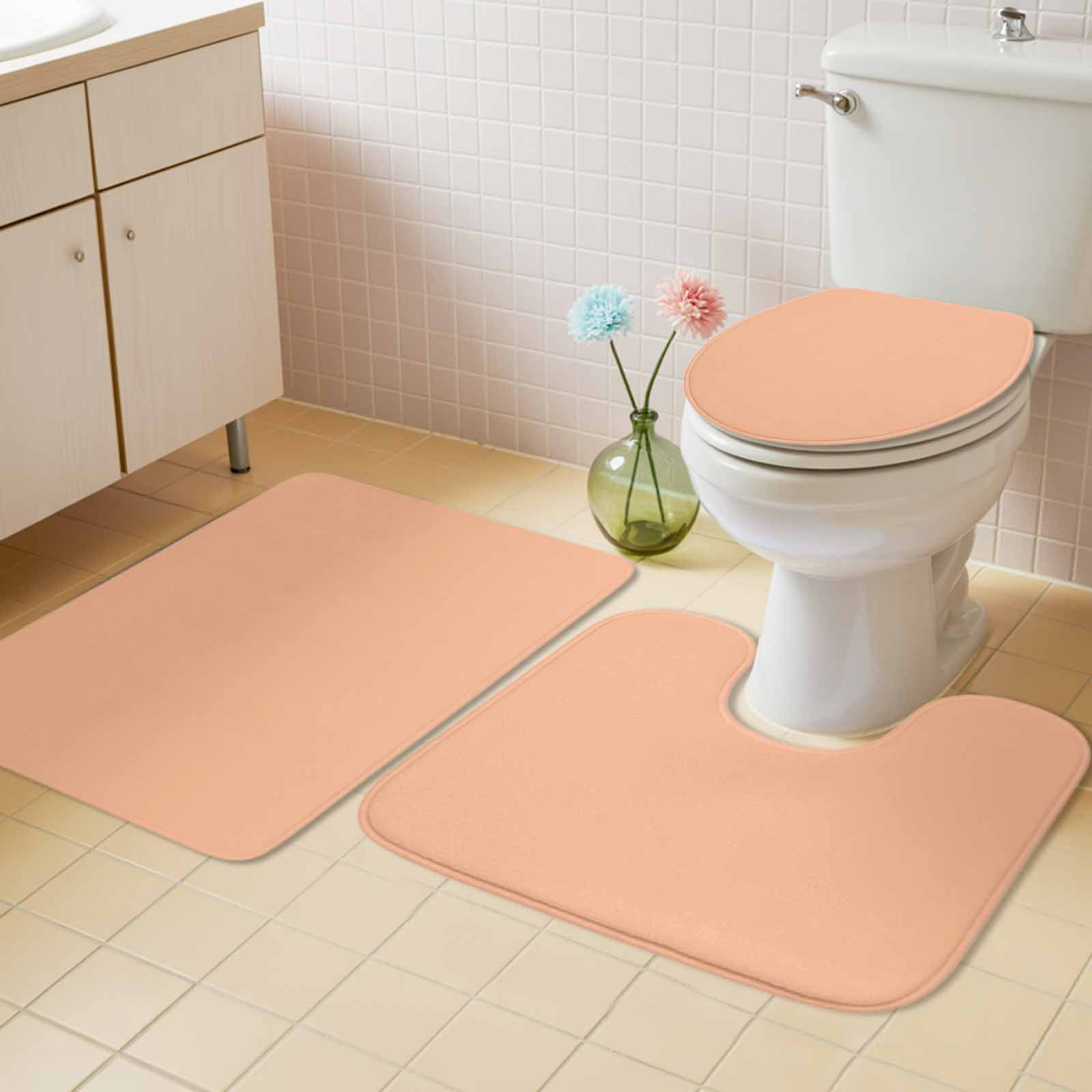 Peach Fuzz Bath Mat 3 Piece Bathroom Rug Set, Modern Pure Peach Fuzz Non Slip Bath Rug Contour Mat and Toilet Lid Cover, Absorbent Shower Mats Soft Bath Rugs and Mats Sets