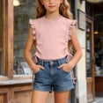 thumbnail image 2 of YDFCWXW Girls Crop Tops Ruffle Sleeve T-Shirts Summer Solid Color Ruched Tie Up Basic Tees Shirts for Kids 2-10 Years (Pink, 4-5 Years), 2 of 9