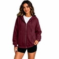 thumbnail image 4 of Hearthz Full Zip Hooded Jacket for Women Solid Color Drop Shoulder Zip Up Hoodie Women Lightweight Fall Winter Warm Women’s Jackets with Pocket Wine M, 4 of 6