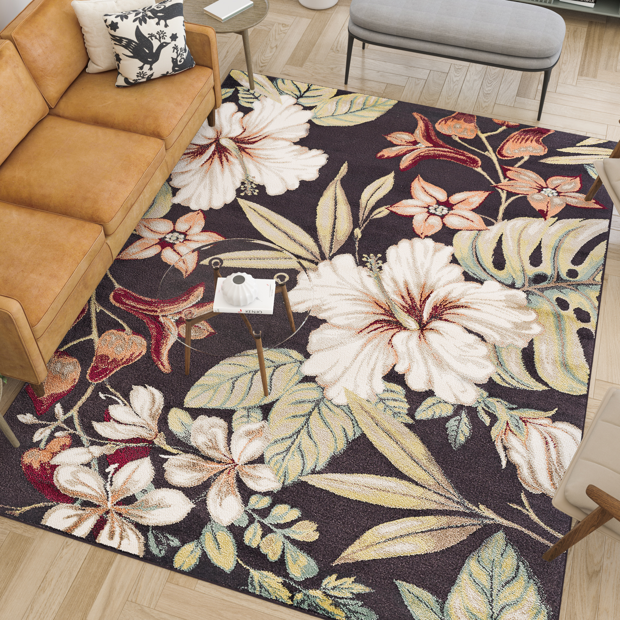 Transitional 5x8 Area Rug (5'3'' x 7'3'') Floral Brown, Creamy Ivory Living Room Easy to Clean