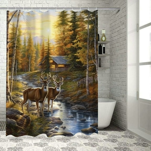 Pratyus Deer Woods Cabin Modern Waterproof Shower Curtain for Country Cottage & Farmhouse Bathroom Decor with Hooks Set 36x72