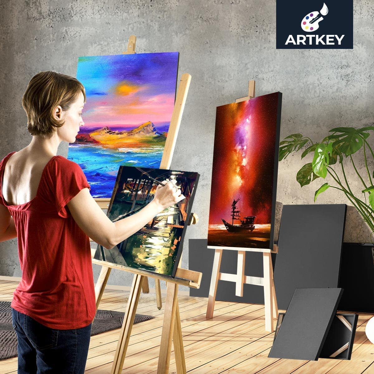 Artkey Black Canvas, 12X12" Stretched Canvases for Painting, 100% Cotton Black Canvas for Kids Adult Paint, 6-Pack