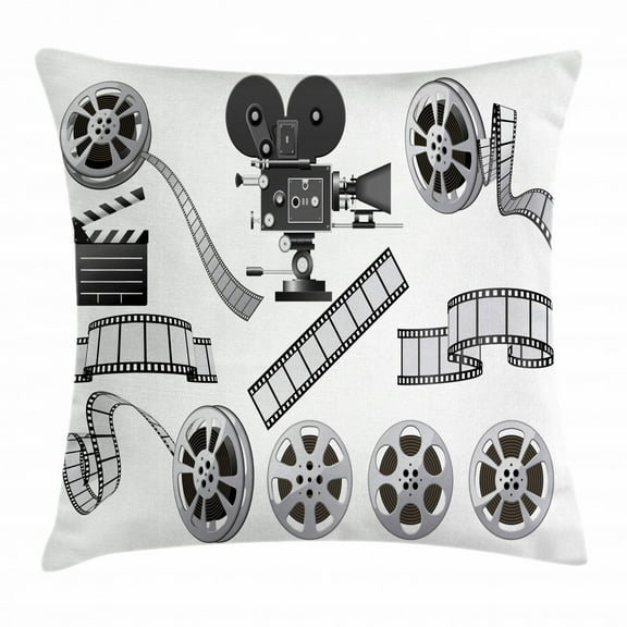 Movie Theater Throw Pillow Cushion Cover, Movie Industry Themed Greyscale Illustration of Projector Film Slate and Reel, Decorative Square Accent Pillow Case, 20 X 20 Inches, Grey Black, by Ambesonne