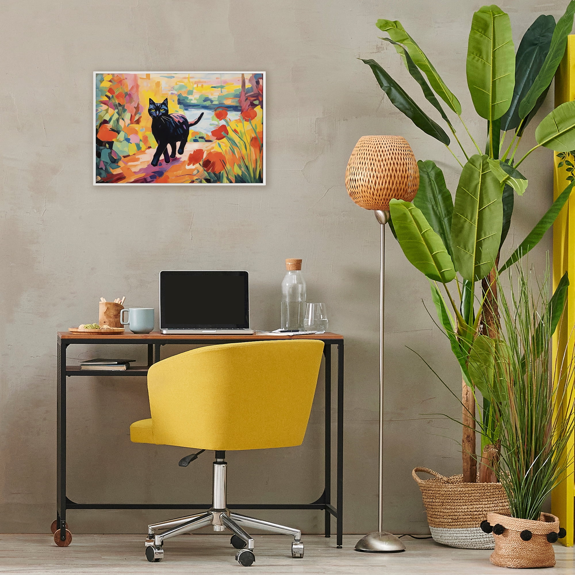 Stupell Industries Sunlit Black Cat in Garden White Framed Giclee Art, design by Creative Studio