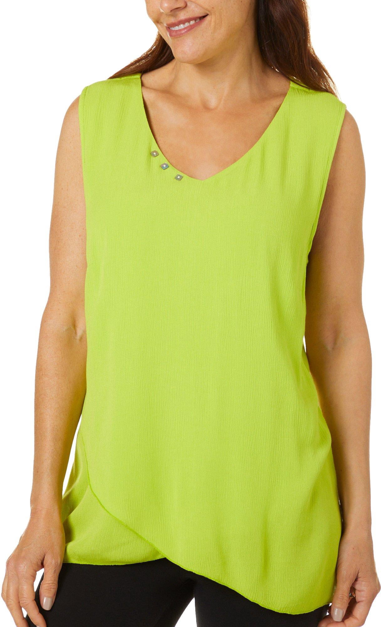 Hailey Lyn Womens Solid Gauze Sleeveless V-Neck Top Large Bright moss green  - Walmart.com