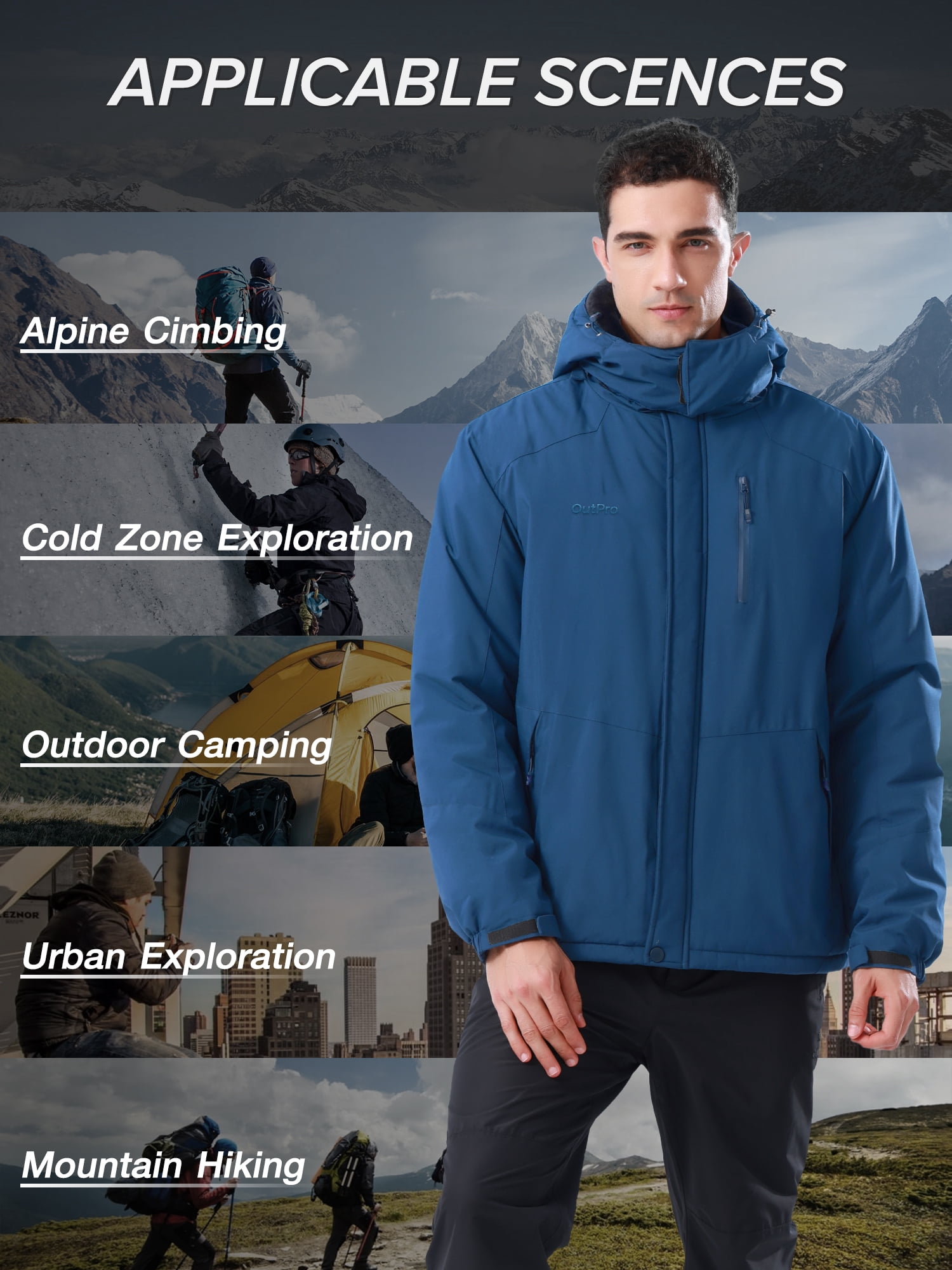 OutPro Mens Ski Jacket Hood Male Windproof Winter Coat Outerwear Waterproof Hiking Trekking Skiing Jackets Blue M