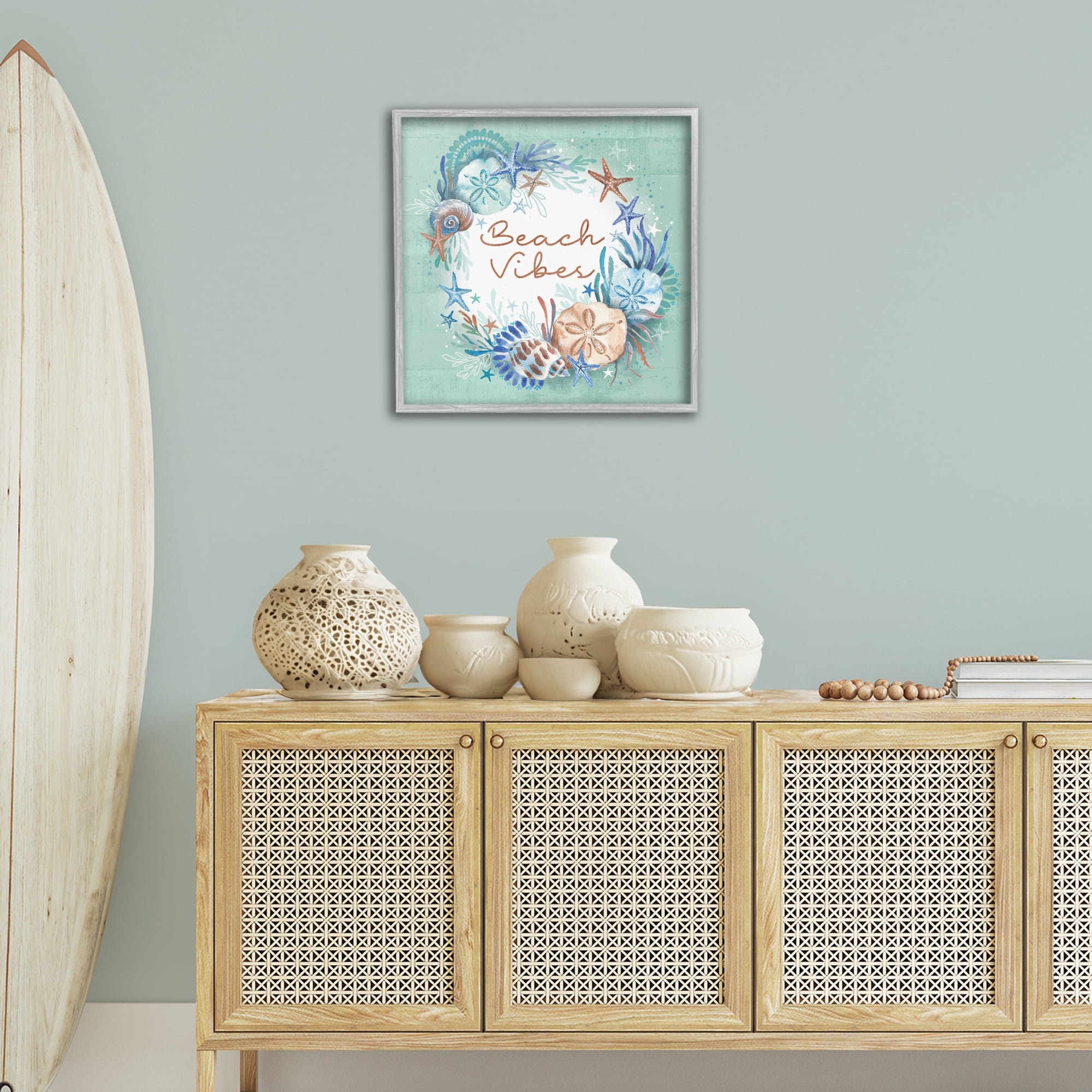 Stupell Industries Beach Vibes & Seashells Coastal Painting Gray Framed Art Print Wall Art, 24 x 24