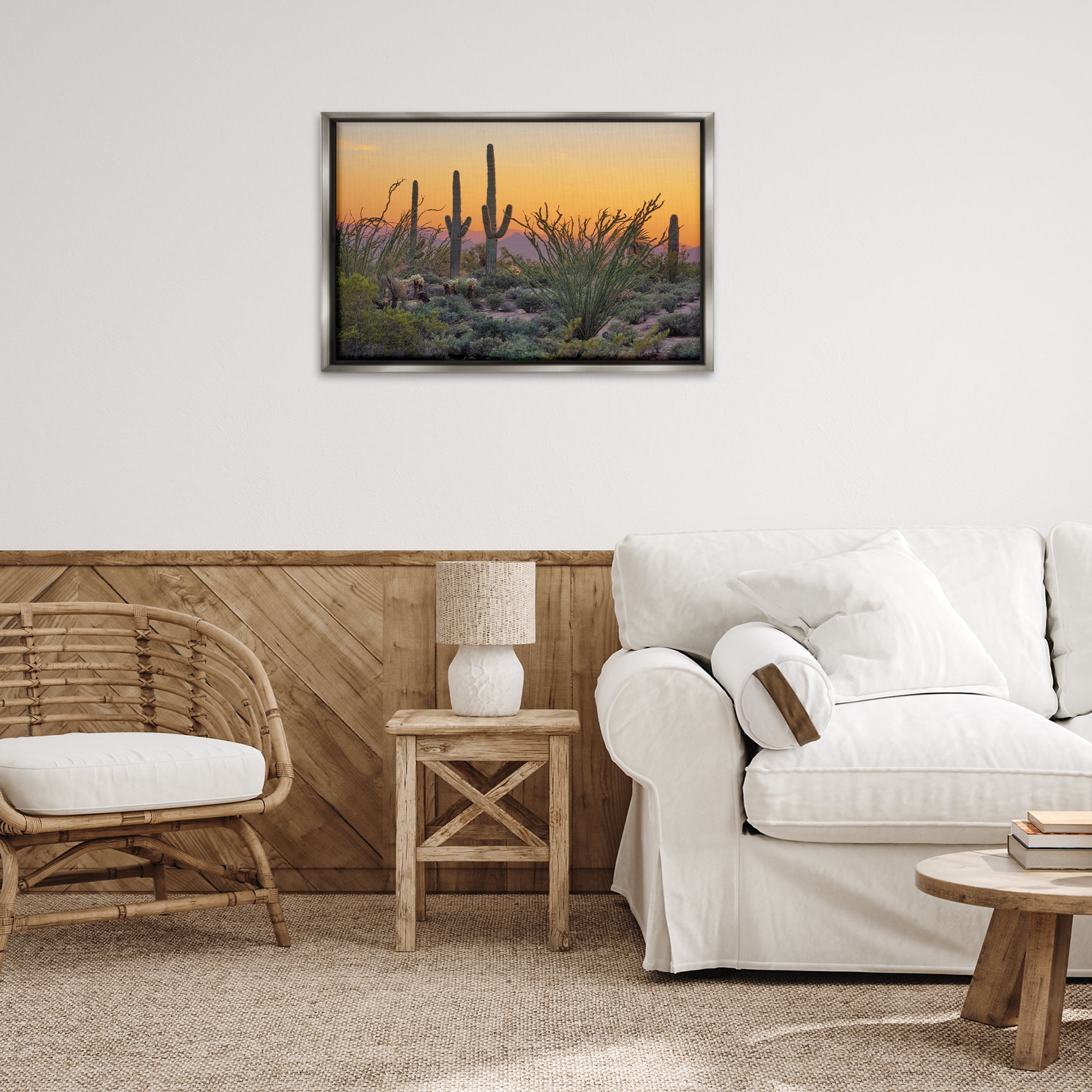 Stupell Industries Sunset Desertscape Cacti Landscape & Nature Photography Gray Floater Framed Canvas Art Print Wall Art, 31 x 21