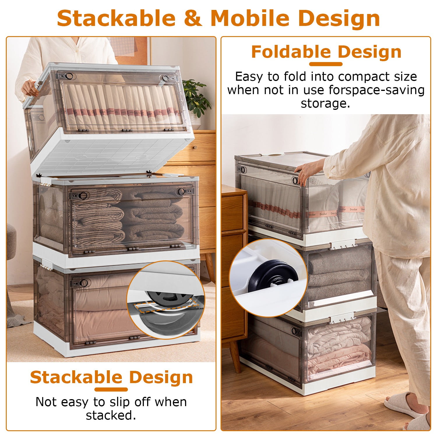15Gallon Foldable Plastic Storage Bins with Lids & Wheels, NewHome 2 Packs Large Collapsible Storage Box Organizer Toy Container, Stackable Closet Organizer for Clothes Toys Books