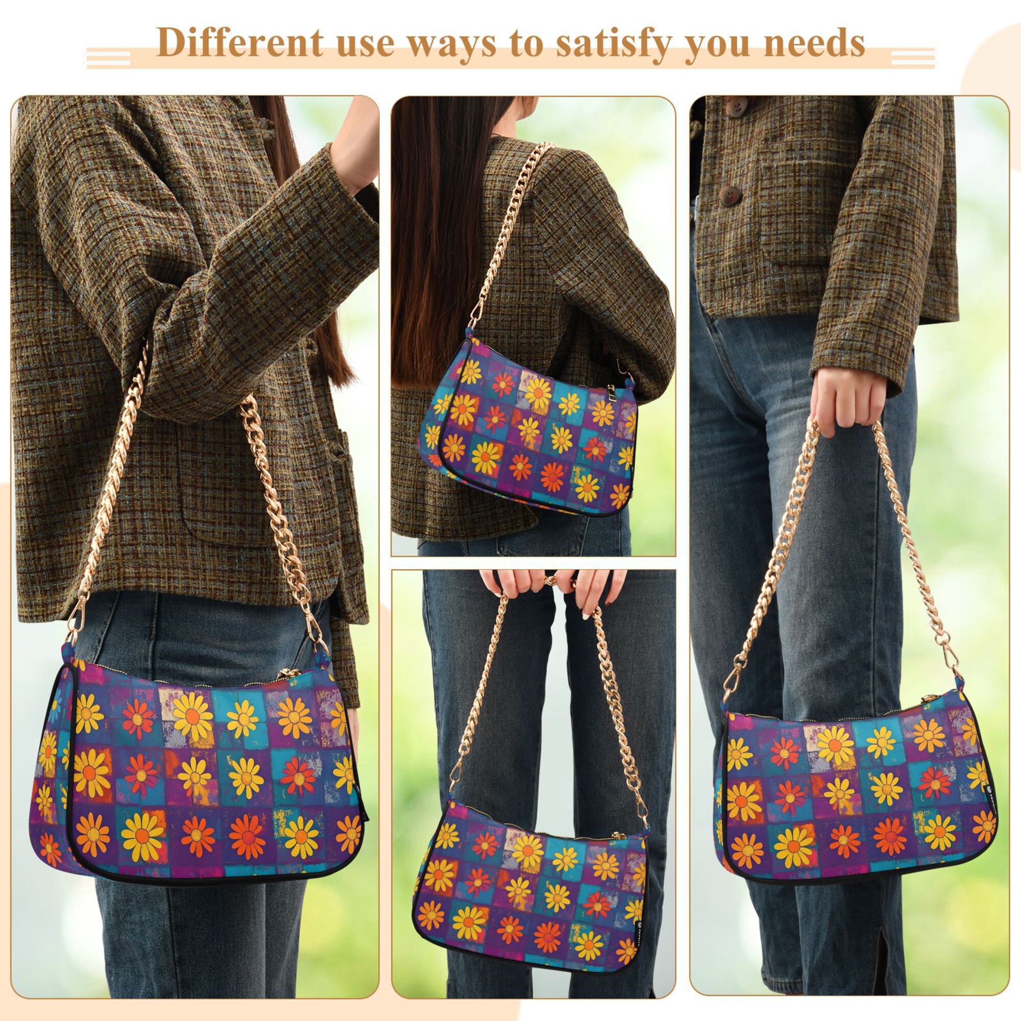 FORMRS Womens Shoulder Bag with Chain Strap Clutch Purse Cute Tote Handbag, Colorful Checkered Daisy