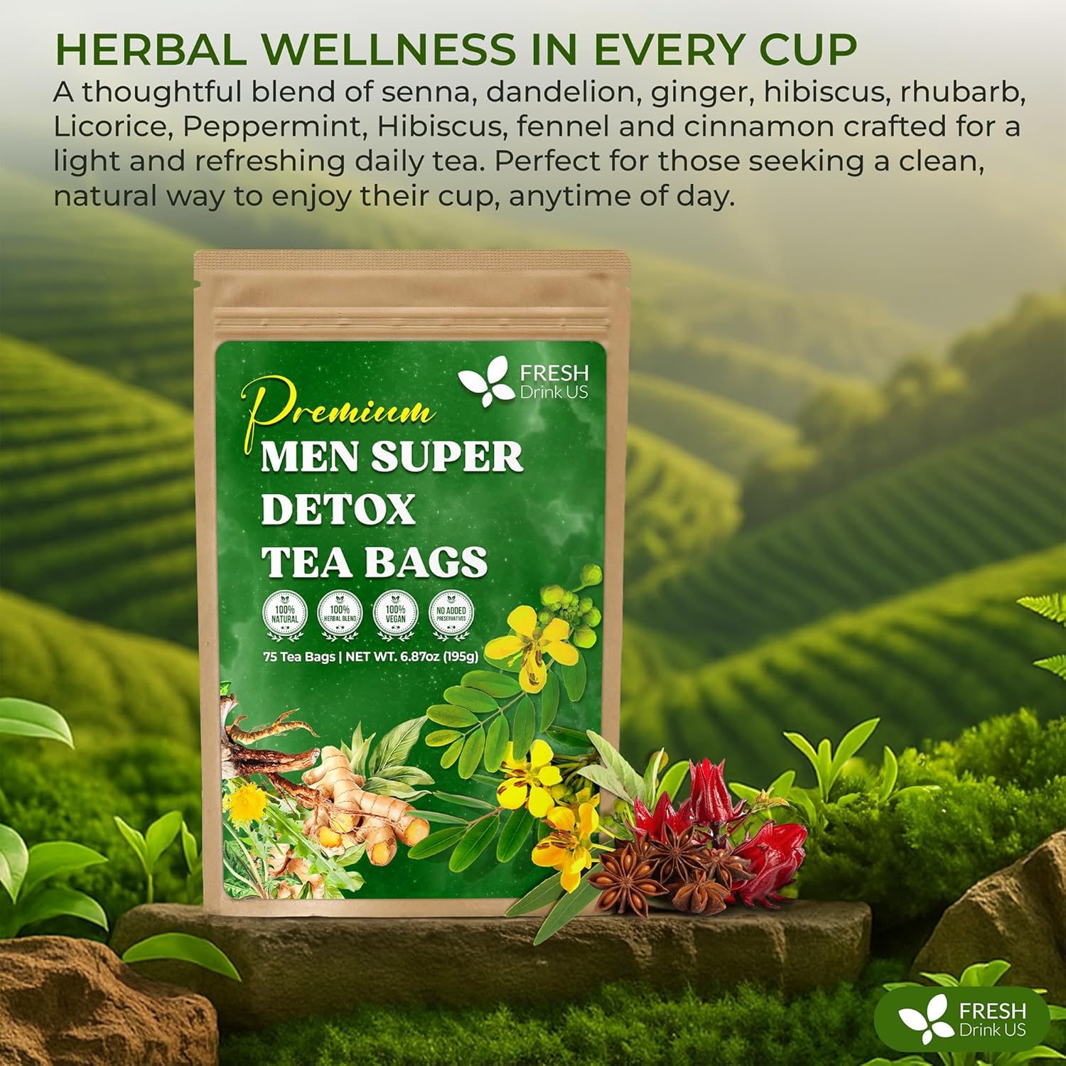 FreshDrinkUS, Premium 135 Tea Bags Men Super Detox Tea – Herbal Blend with Senna, Dandelion Root, Ginger, Peppermint & More – 100% Natural, Sugar-Free. Caffeine-Free, Gluten-Free, Vegan
