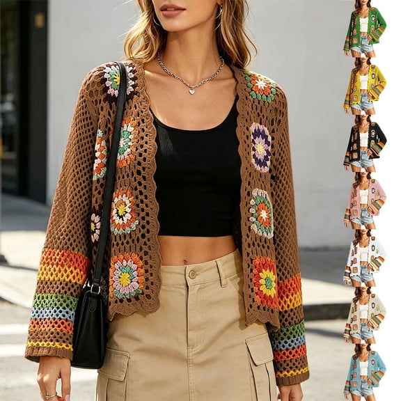 Otvok Granny Square Hollow Knit Cardigan, Ladies Floral Crochet Open Front Long Sleeve Cropped Boho Casual Outerwear