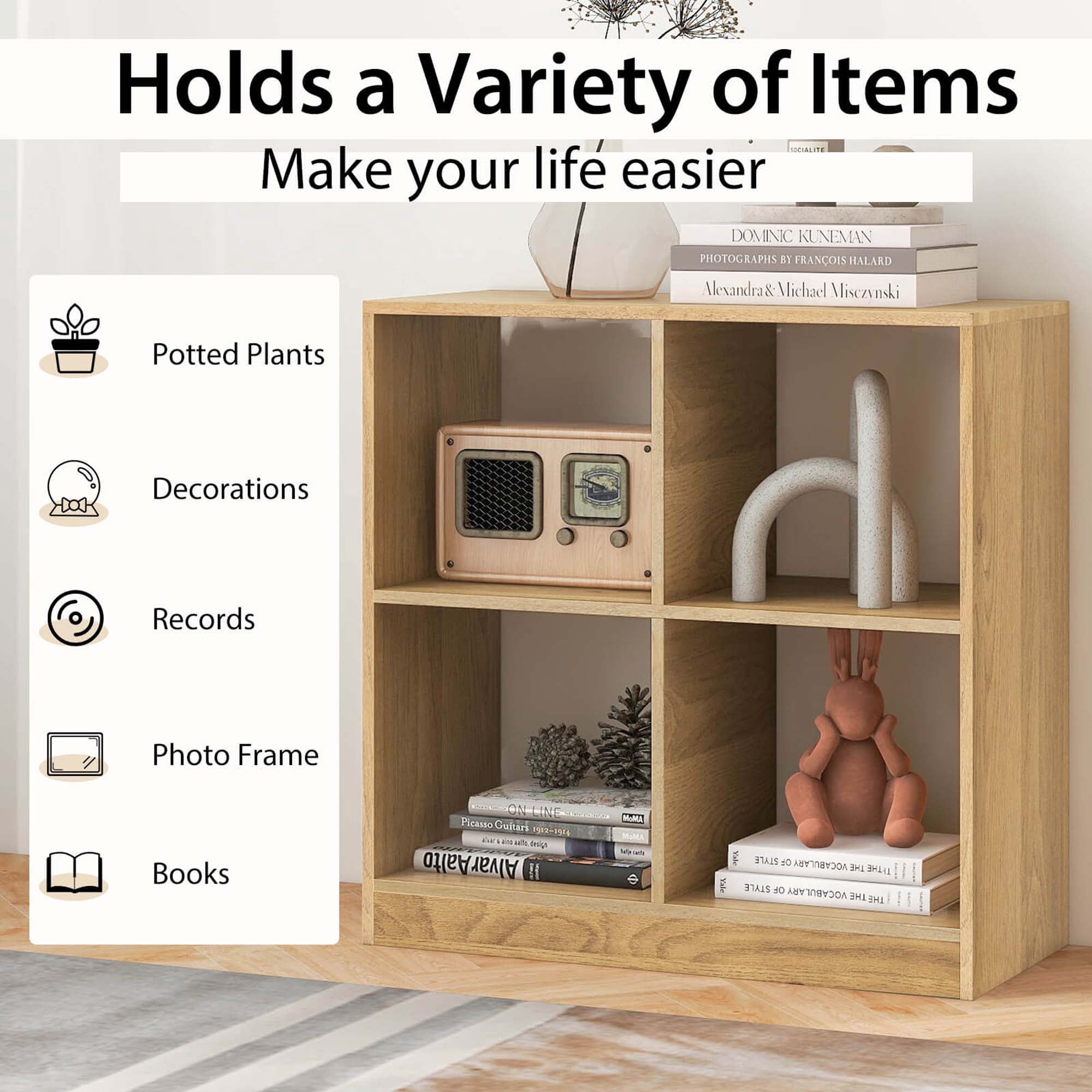 Costway Kids Toy Storage Organizer 4-Cube Wooden Display Bookcase with Anti-toppling Device Natural