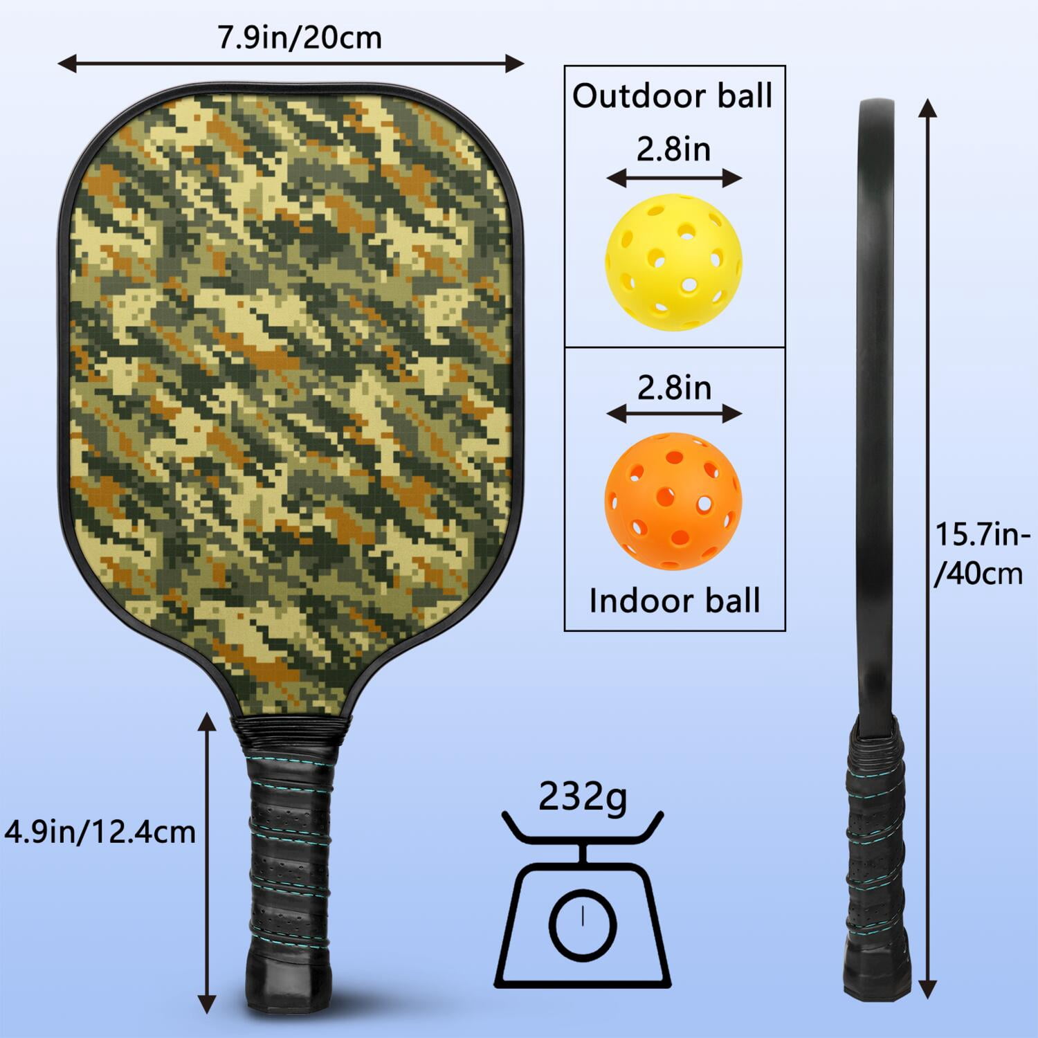 Pickleball Paddles Set Of 1, Fiberglass Surface, Camouflage Print, 1 Paddle, 2 Balls & Bag