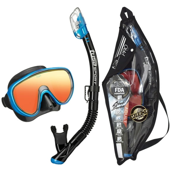 TUSA Sport Adult Serene Black Series Mirrored Mask and Dry Snorkel Combo, Fishtail Blue