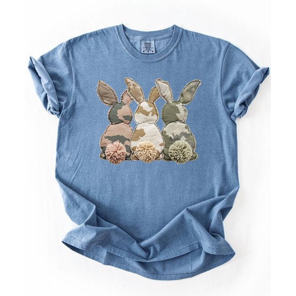 Ink Printed Image NOT a Quilt Patch - Camo Bunny Trio Easter Graphic Tee Blue Jean Shirt Adult 2XL