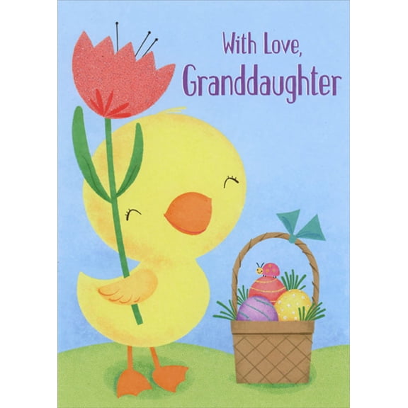 Designer Greetings Large Smiling Yellow Chick Holding Pink Tulip : Easter Basket Juvenile Easter Card for Young Granddaughter
