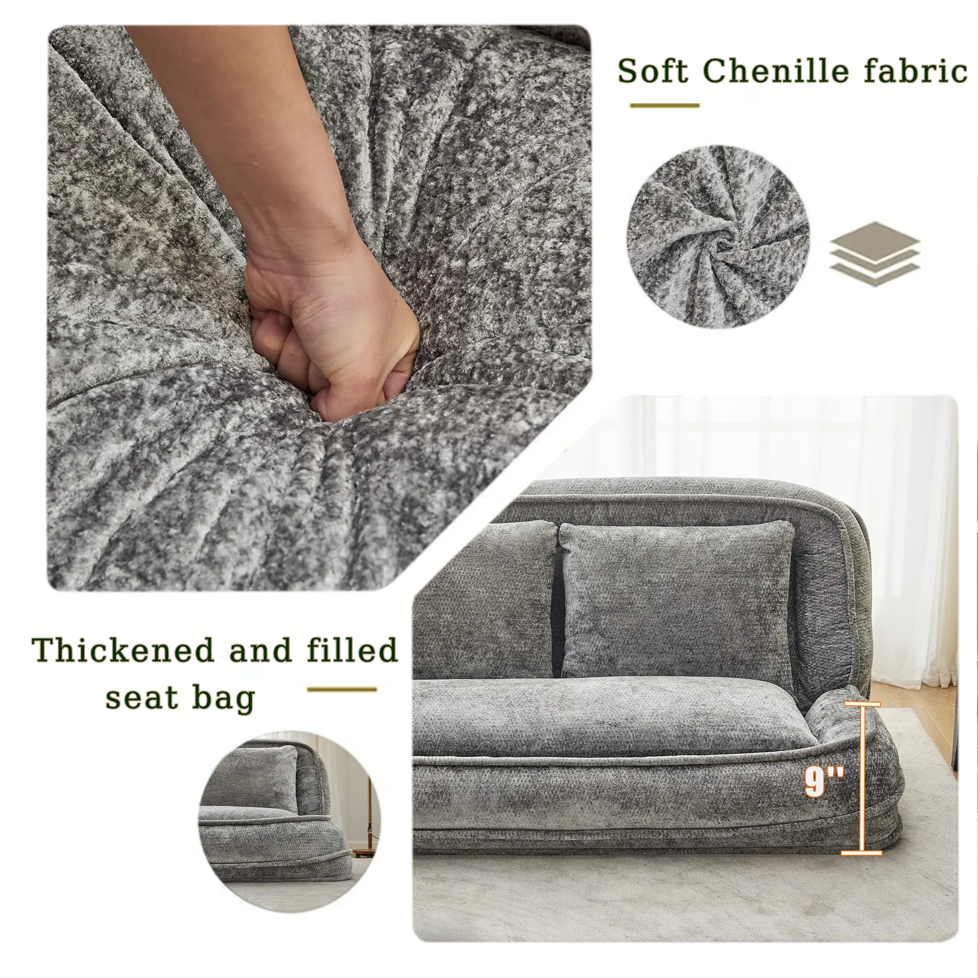Aukfa Double Human Dog Bed Lazy Sofa Loveseat with Adjustable Backrest, Extra Large 2-Seat Floor Couch with Plump PillowLight Gray
