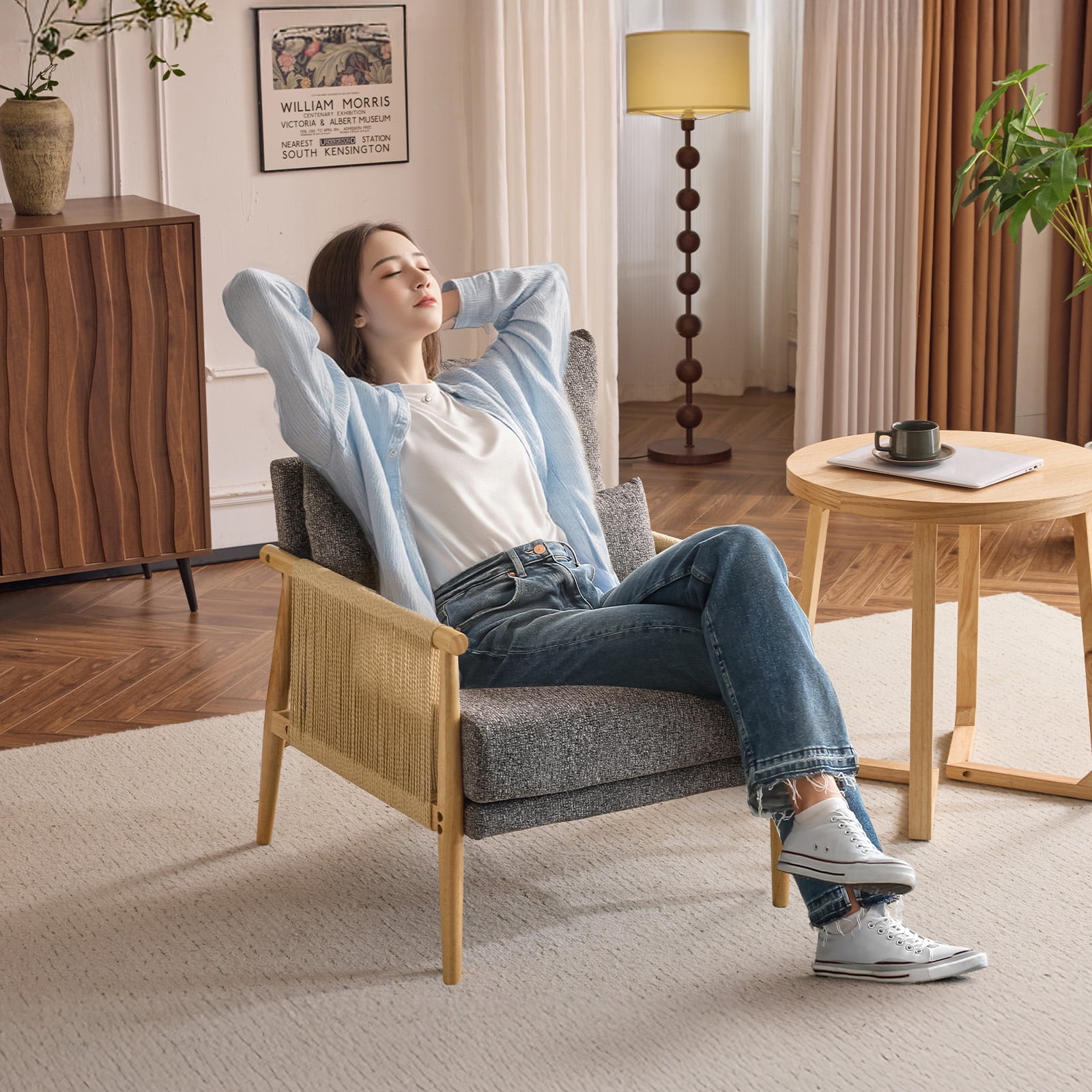Ktaxon Accent Chair, Solid Wood and Jute Rope Armrests Armchair, Single sofa with Lumbar Pillow for Living Room Bedroom Office Dark Gray