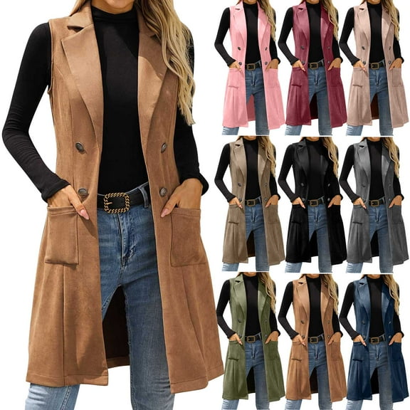 Womens Faux Suede Long Vest Notch Lapel Double Breasted Sleeveless Blazer Jacket Fall Lightweight Trench Coat with Pockets