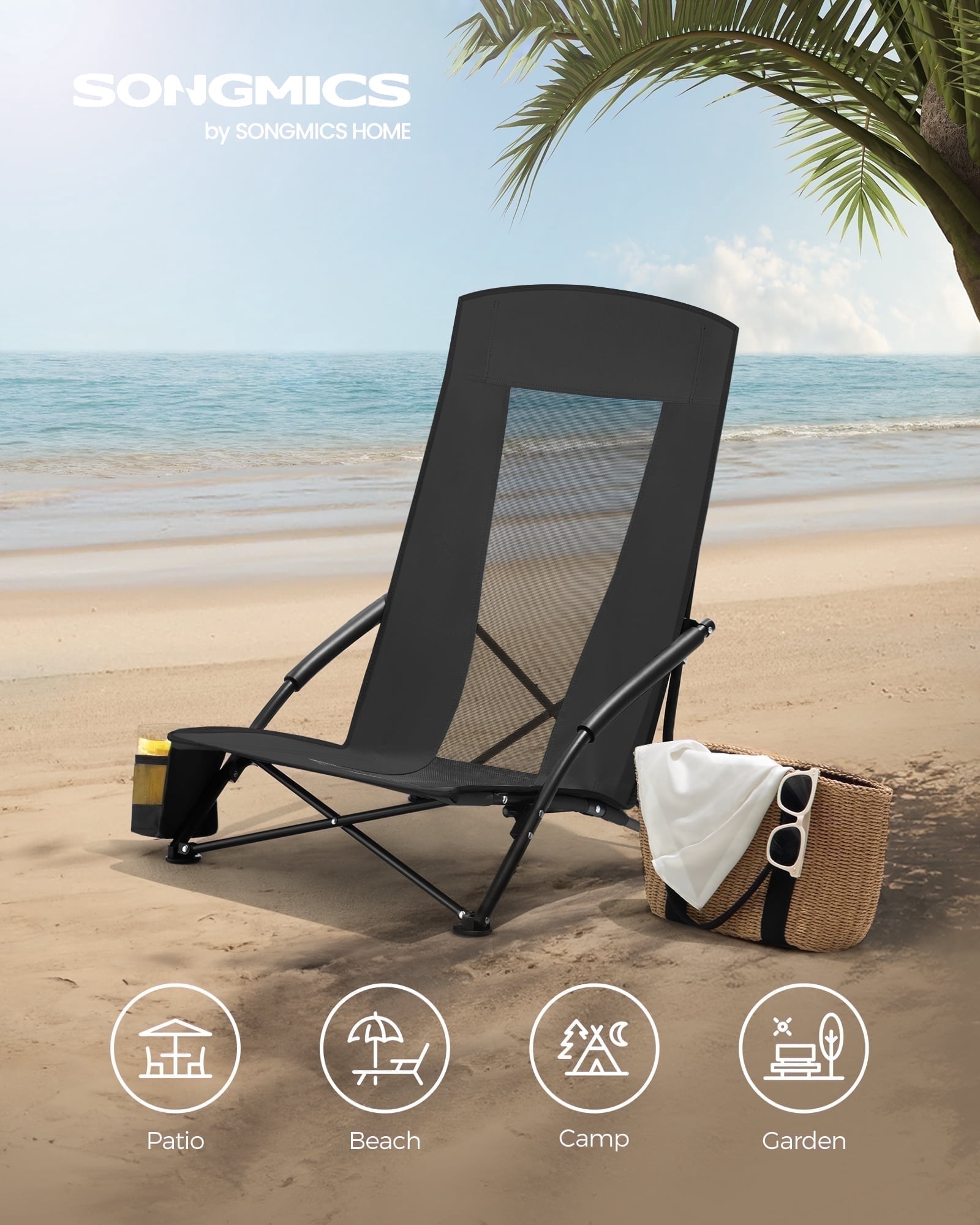 Set of 2 Camping Chairs, Beach Chairs, Portable Outdoor Chairs, with High Backrest, Cup Holder, Lightweight, Heavy-Duty, Max. Load 330 lb per Chair, Black
