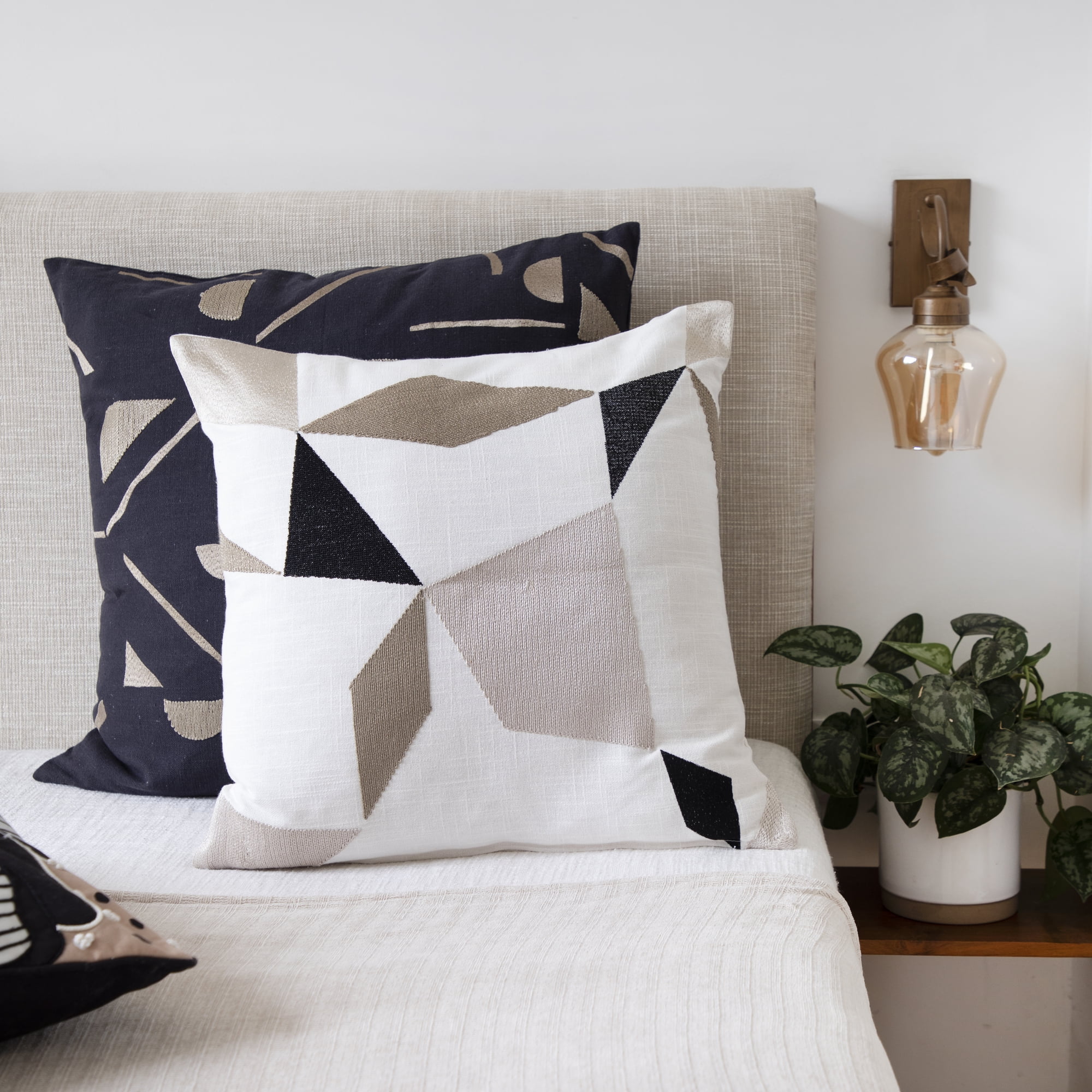 Ox Bay Stacy Garcia 20" x 20" Ivory/Taupe Embroidered Geometric Adult Decorative Throw Pillow Cover