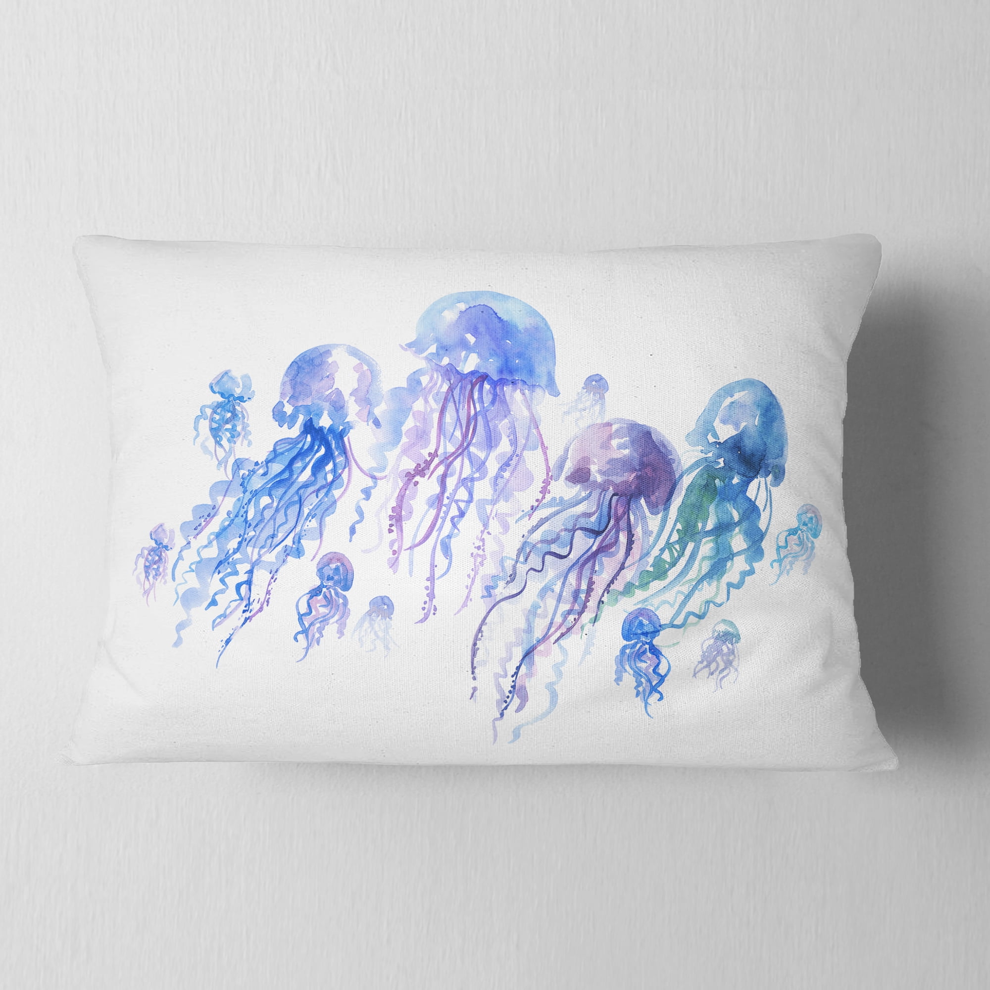 Designart Blue Purple Jellyfish Group - Abstract Throw Pillow - 12x20