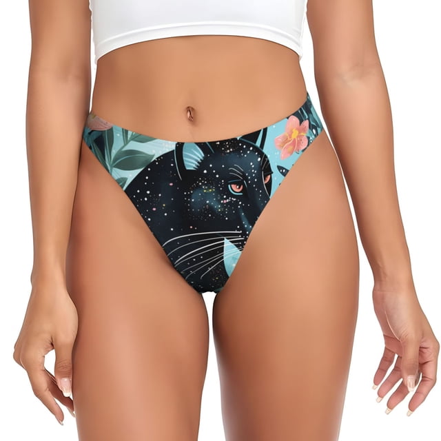 Balery Black Panther Floral Illustration Tangas de Algodón para Mujer con Estampado – Ropa Interior Sexy, Transpirable, G-string-X-Small