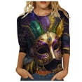 thumbnail image 3 of DDAPJ pyju Womens Mardi Gras 3/4 Sleeve Tops Fashion Mask Graphic Tees Dressy Casual Round Neck Tunic Blouse New Orleans Carnival Party Tee Shirts Multicolor 5XL, 3 of 6