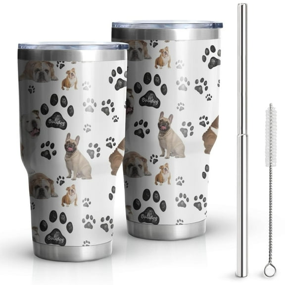 30oz Bulldog Dog and Footprints Tumblers Stainless Steel Tumbler with Lid and Straw,Vacuum Insulated Double Wall Travel Tumbler Cups Mug with Cleaning Brush for Coffee,Tea