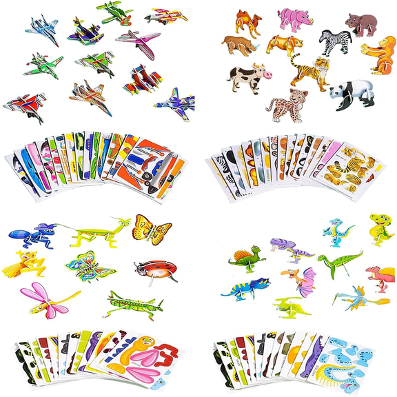 Jacone 100PCS Educational 3D Cartoon Puzzles for Kids - Animals, Insects, Vehicles and Dinosaurs Themed 3D DIY Cardboard Puzzle for Boys & Girls Gift Party Supplies