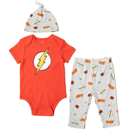 

DC Comics Justice League The Flash Infant Baby Boys 3 Piece Outfit Set: Cuddly Bodysuit Pants Hat Red / gray 24 Months