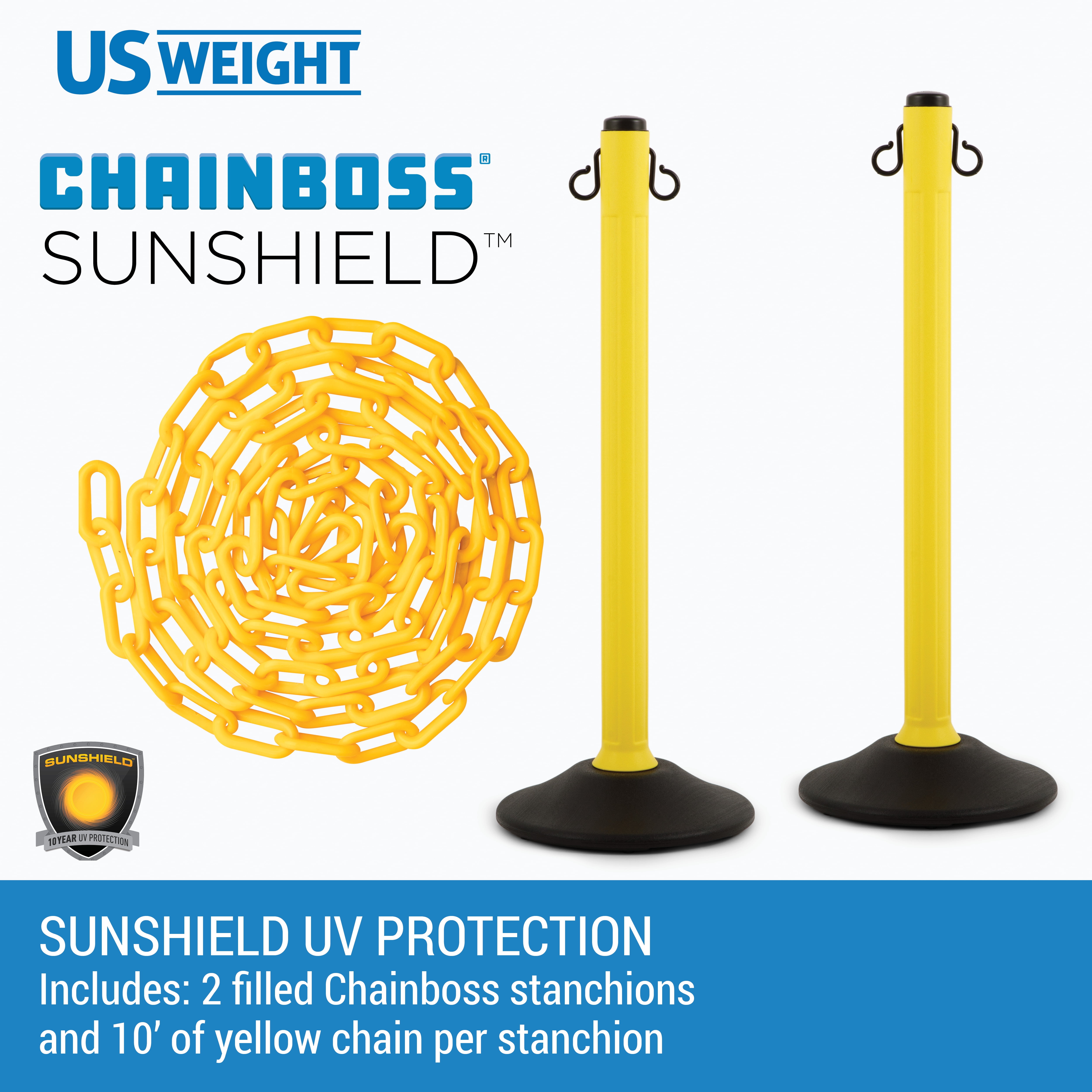 ChainBoss Heavy Duty Weighted Yellow Plastic Stanchions Crowd Control Barriers With 10' of Yellow Plastic Chain Kit (2-Pack)