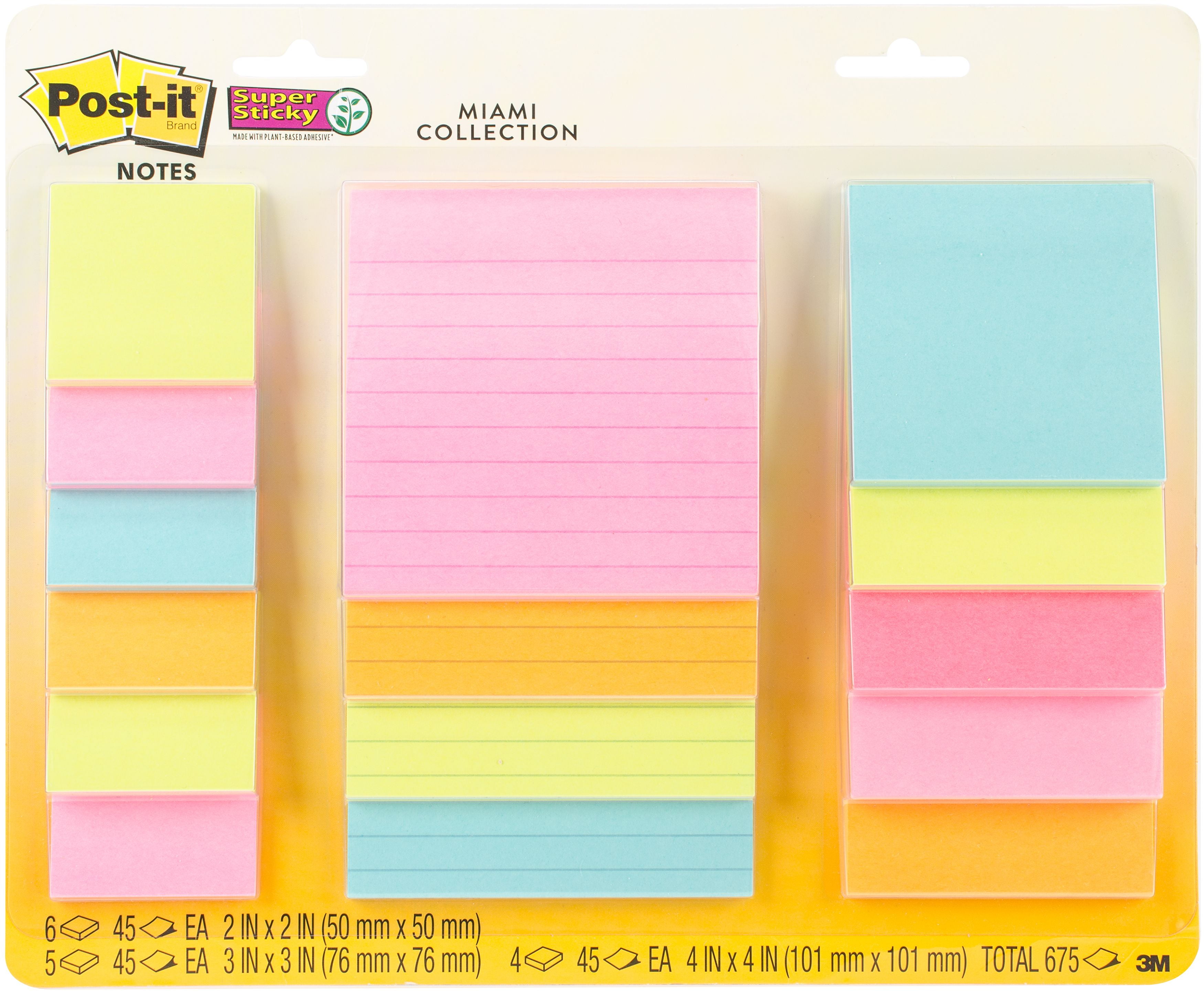 PostIt Super Sticky Notes Assorted Sizes 15/PkgMiami 2"X2", 3"X3", 4